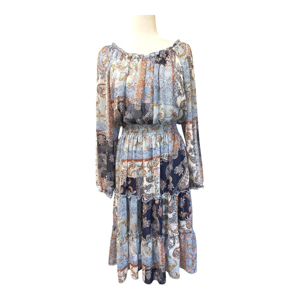 Kate Lily Boho Paisley Patchwork Smocked Peasant‎ Blue Tiered Midi Dress Size 14